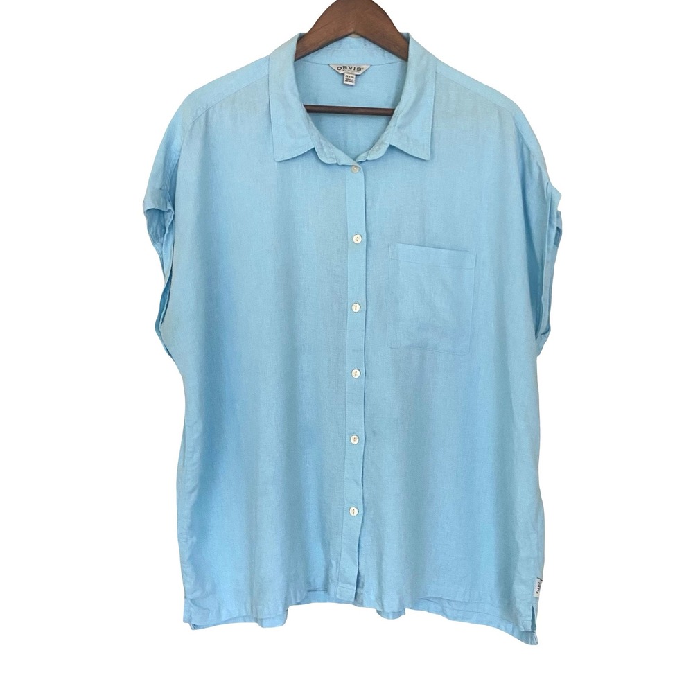 Orvis Linen Blend Button Front Blouse Womens XL Aqua Blue Cap Sleeve Top